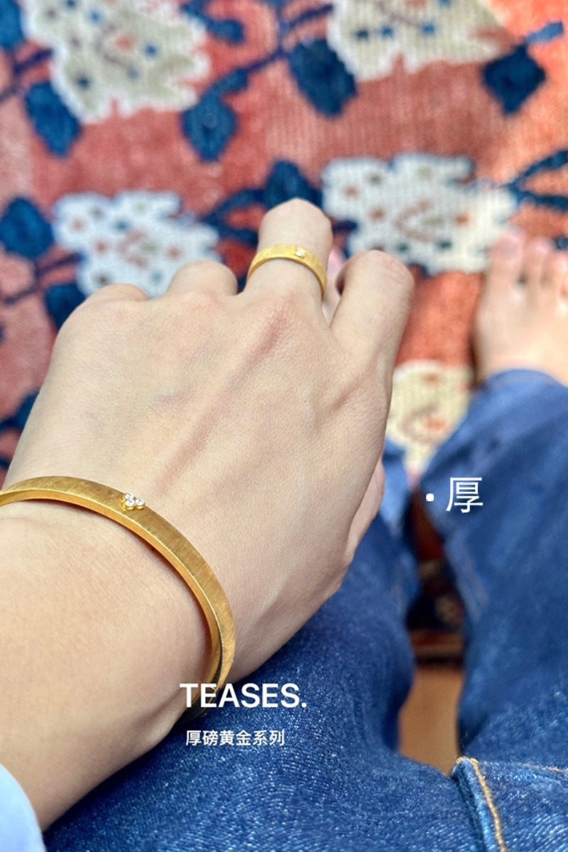 Wide Solid Gold Bracelet with Diamond Accents, Italian Wire-Drawn Craftsmanship