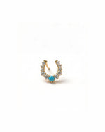 Platinum horseshoe gemstone earrings with blue turquoise and round-cut diamonds in white gold setting
