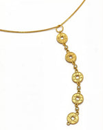 18K gold pendant necklace with five fortune coins and four diamond accents, elegant gold jewelry piece