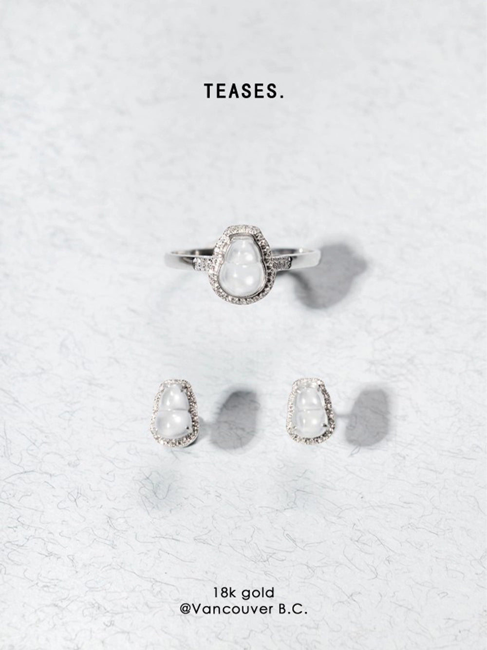 TEASES의 아이시 제이드 호박 귀걸이 & 반지 세트 | 18K 화이트 골드 & 다이아몬드