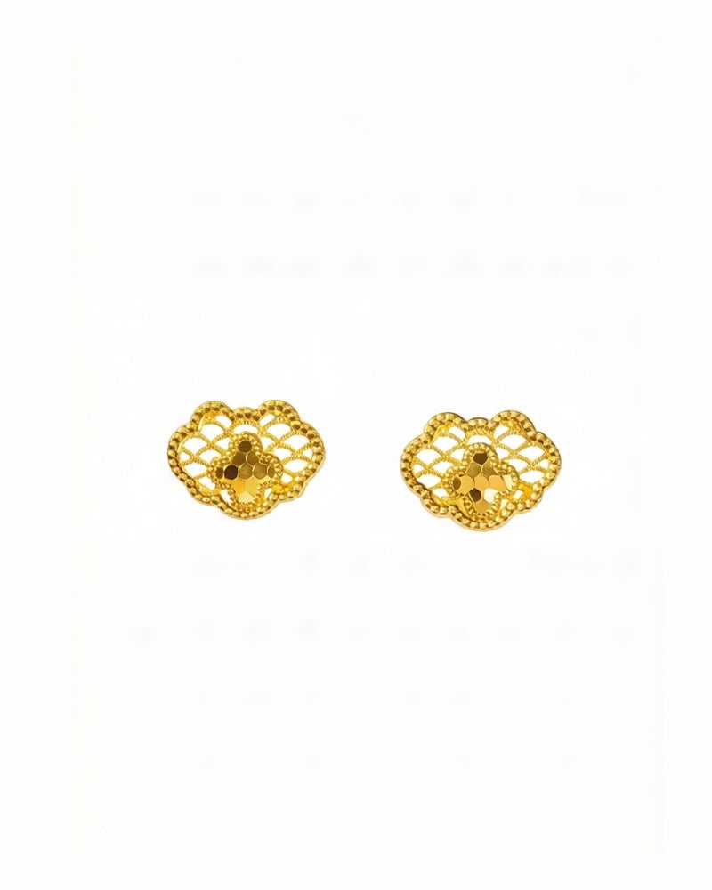 Solid 18K yellow gold openwork stud earrings with a micro-bead border