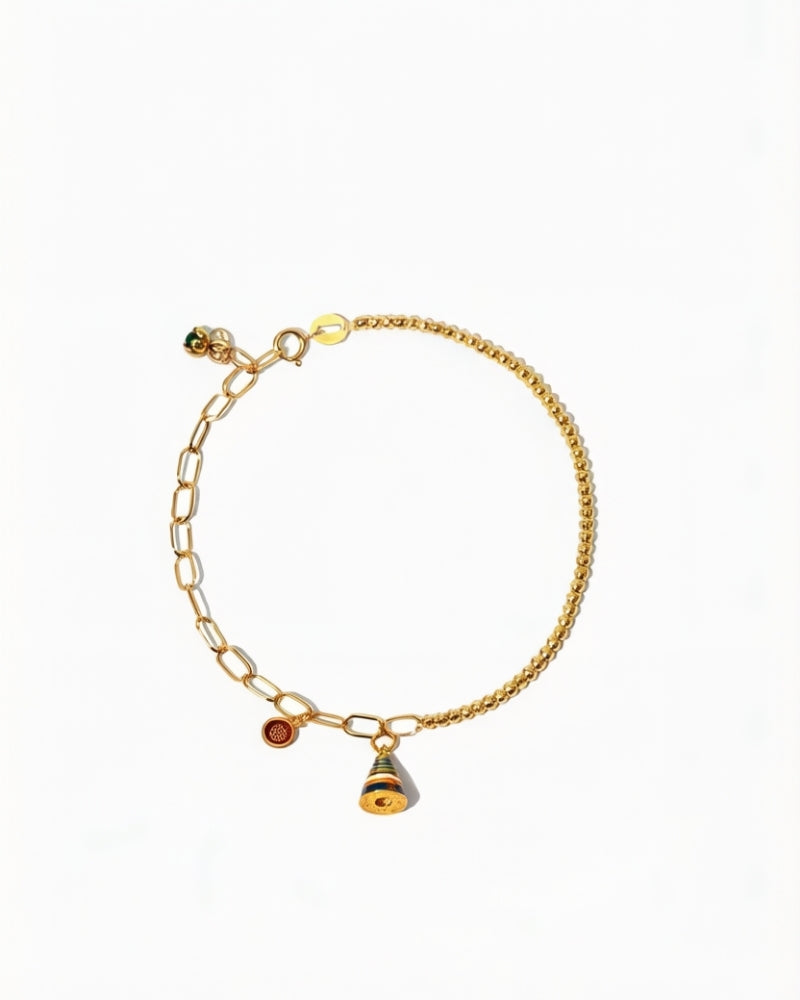 Joyous Bell 18K gold bead bracelet with a ten-color enamel bell, shown at 18 cm length