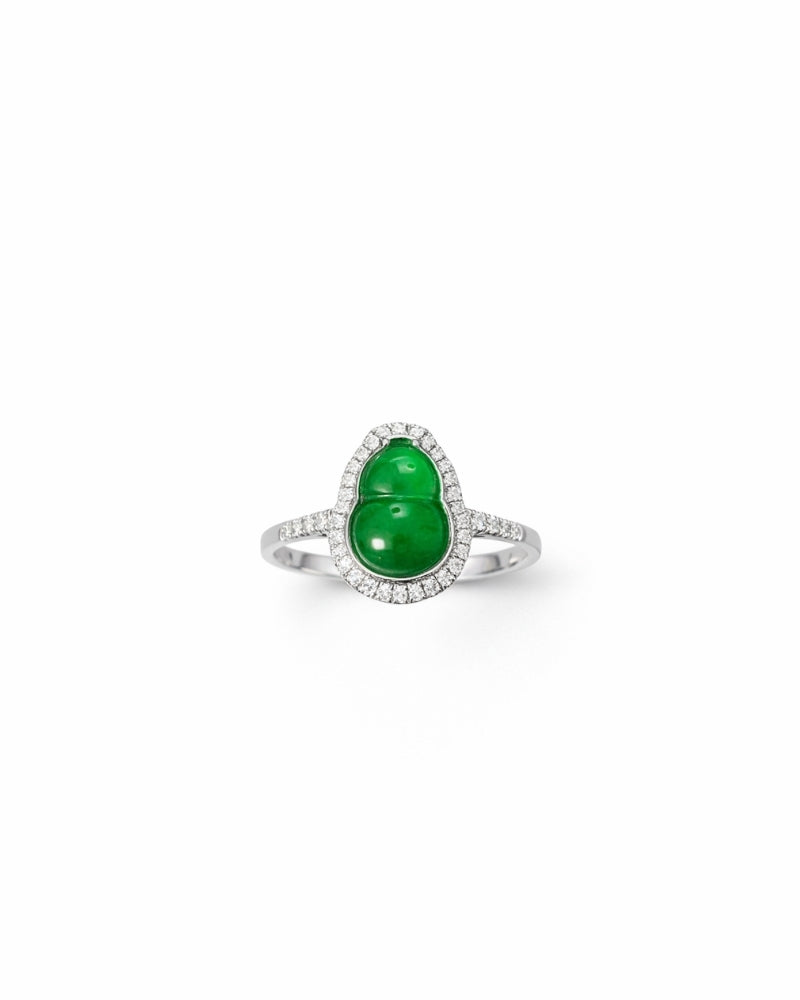 Green jade gourd cabochon ring in white gold with diamond accents