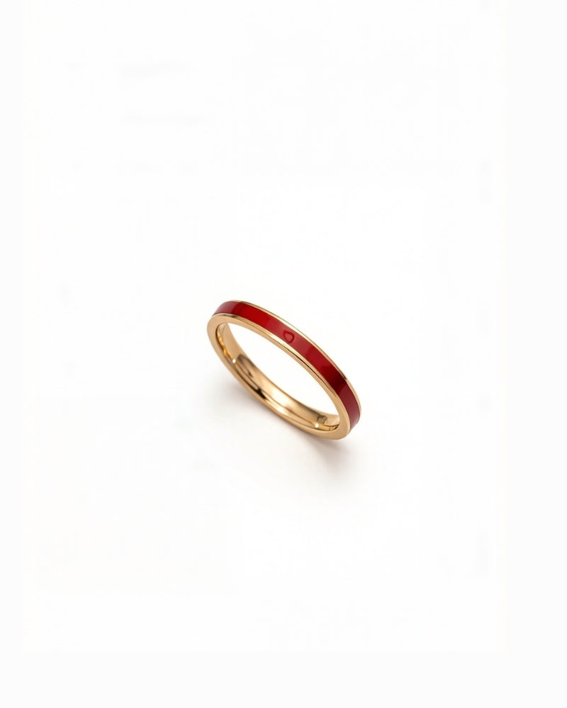 Slim 14K gold stackable ring with a burgundy red enamel band