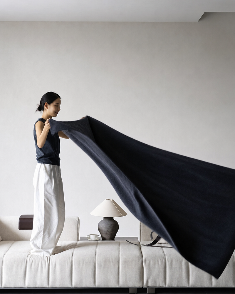 Woman throwing grey cashmere blanket over sofa