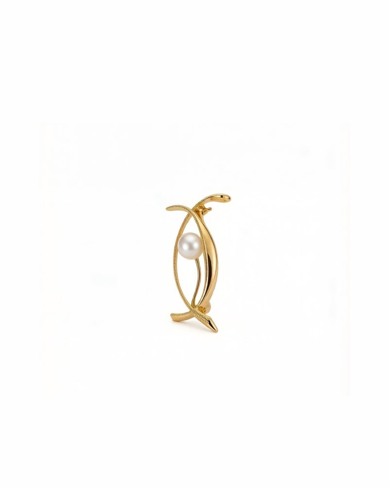 Akoya pearl brooch in 24K and 9K gold pea pod design with perfectly round ocean pearl