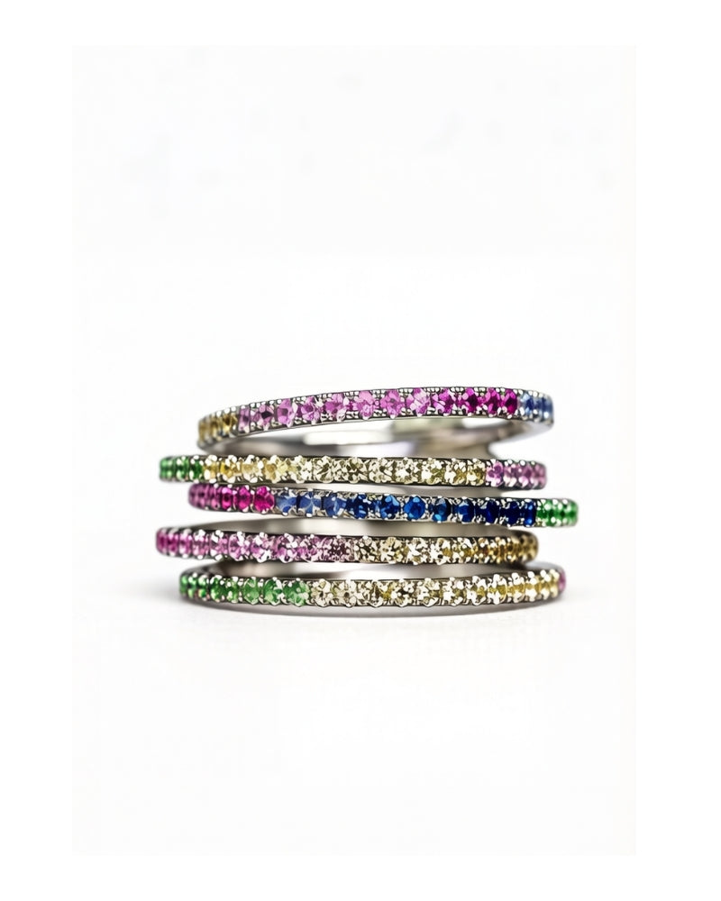 Emerald graduated gemstone stacking rings in 14K gold with natural gemstones and multi-color gradients