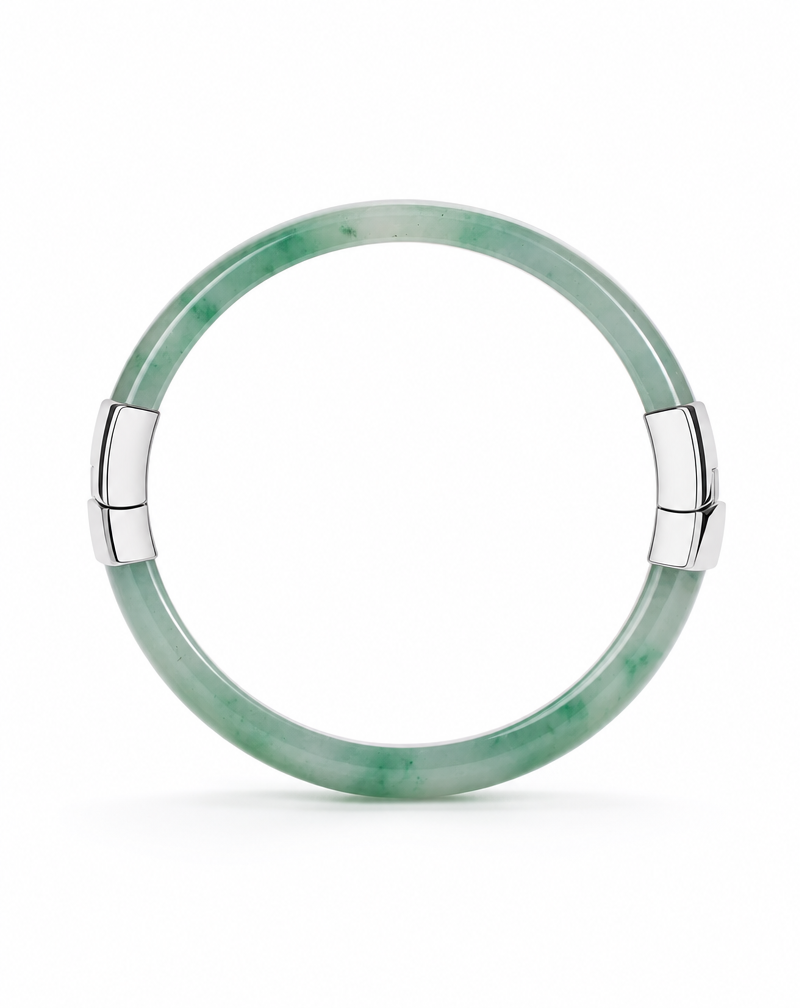 African Jade Art Deco Bangle — Sterling Silver with 18K White Gold