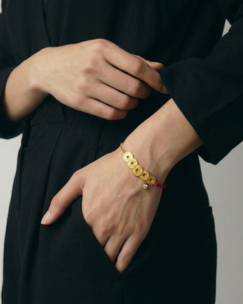Fortune Coin & Diamond Red String Bracelet