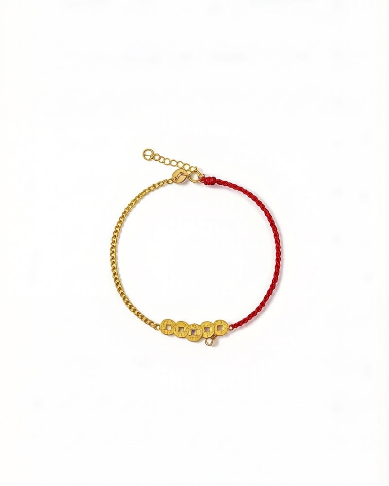 Fortune Coin & Diamond Red String Bracelet in 18K Gold with five golden coins and real diamonds for 2025 New Year prosperity
