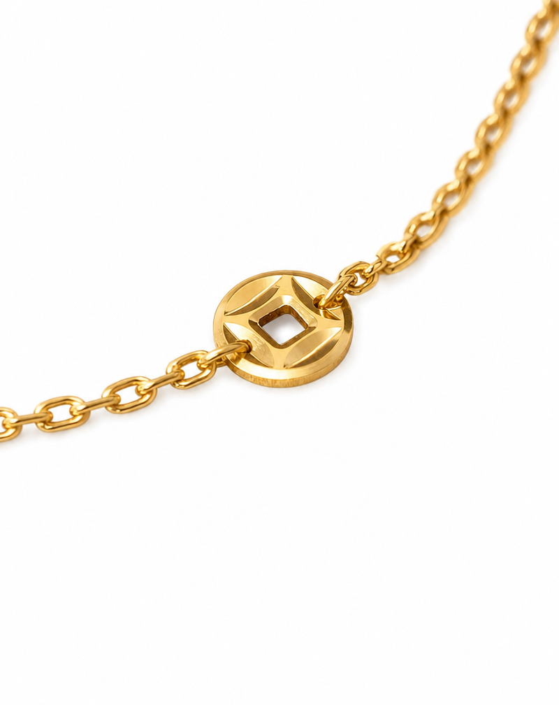 Fortune Coin Link Bracelet — 18K Solid Gold — side view by TEASES