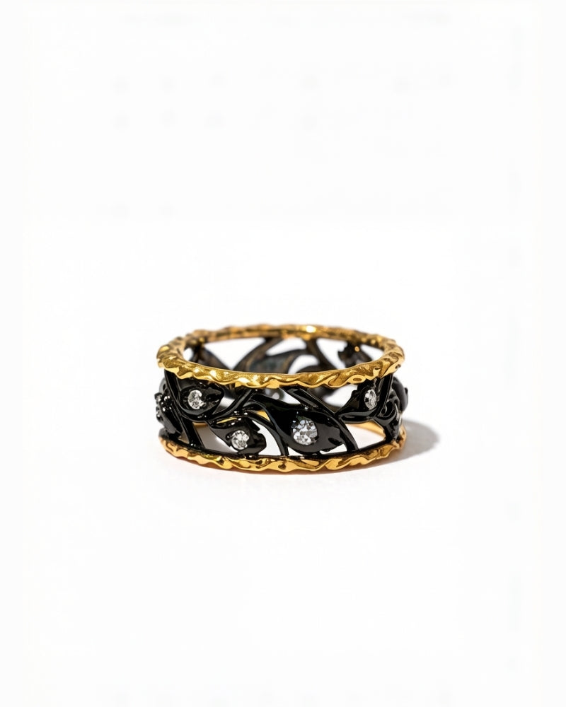 Hollow black gold crown ring in 14K gold adorned with 13-15 genuine diamonds, featuring hand-carved openwork design and luxurious black enamel glaze.