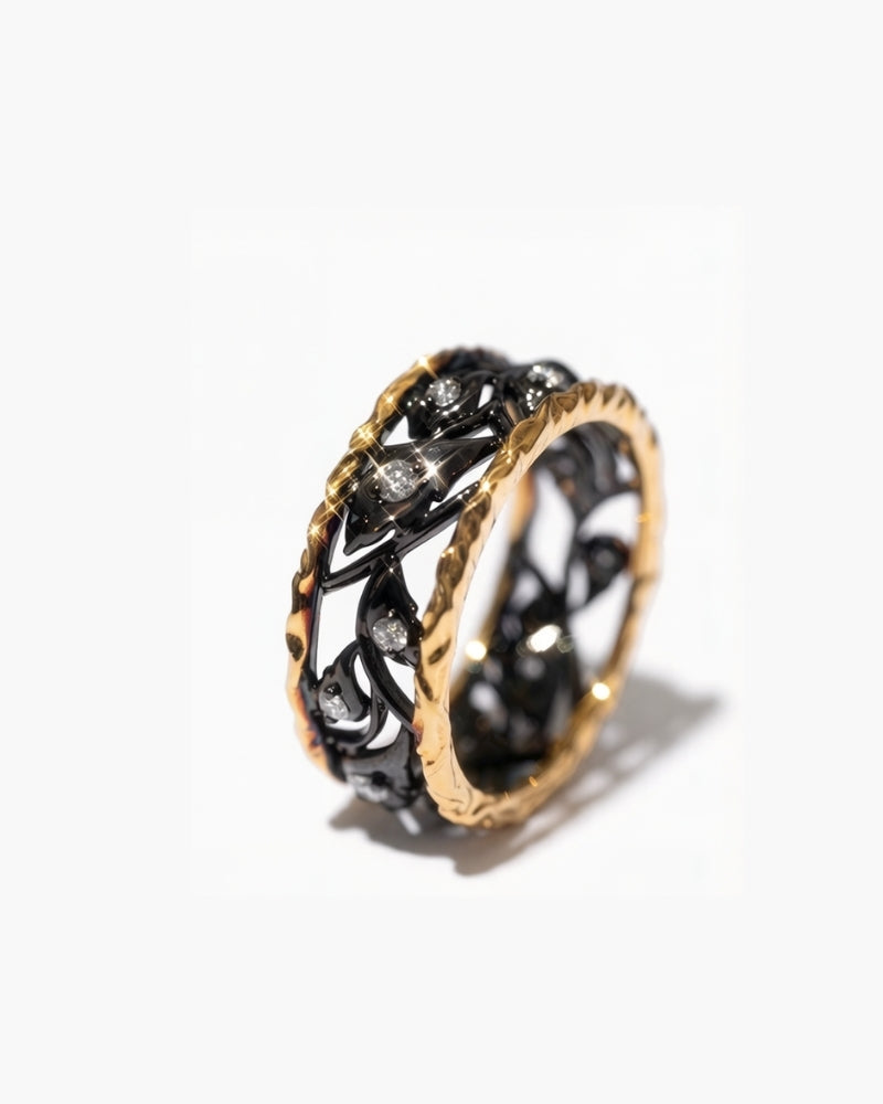 Hollow black gold crown ring with hand-carved openwork, black enamel, and genuine diamonds in solid 14K gold