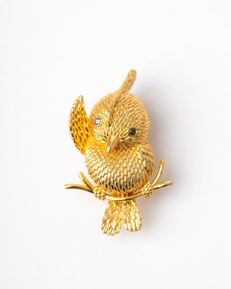 24K gold parrot brooch pin with natural black diamonds from Fortune & Luck Collection